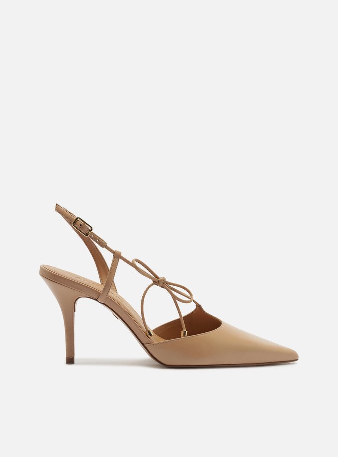 Scarpin Nude Couro Slingback Salto Fino Lacinho