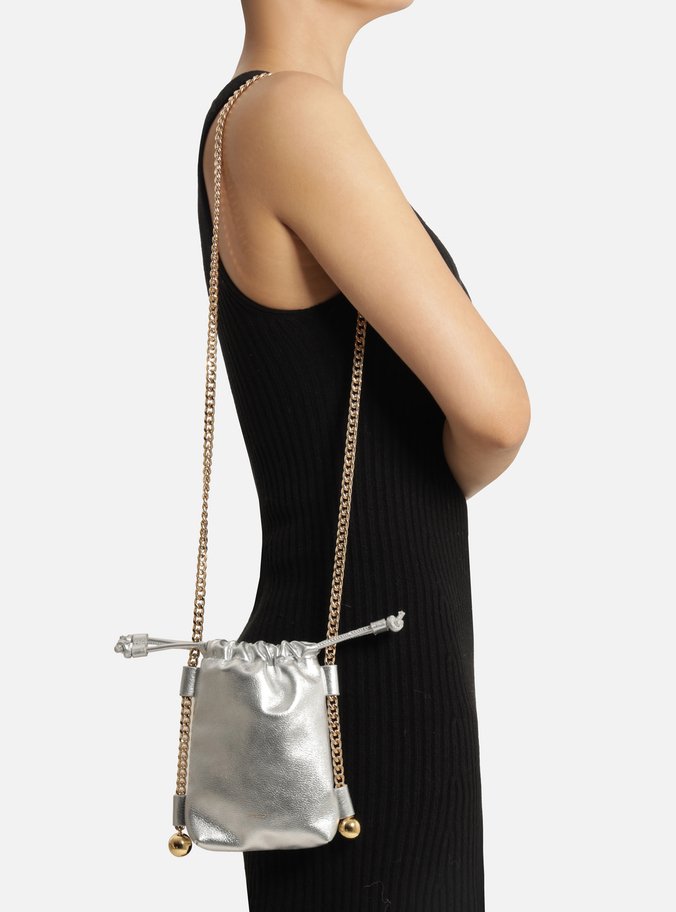 Mini Bag Prata Couro Porta-Celular Corrente Esferas