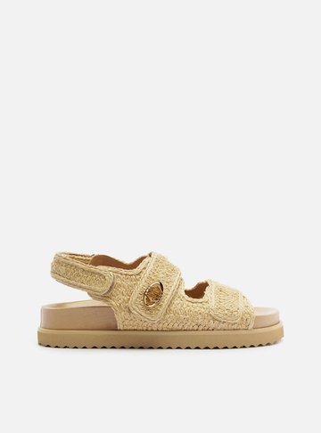 Sandália Papete Bege Bordada Tratorada Velcro