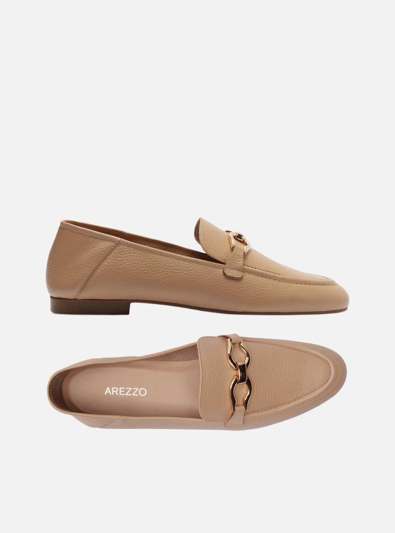 Loafer Bege Couro Bico Redondo Bridão Dourado — foto 5