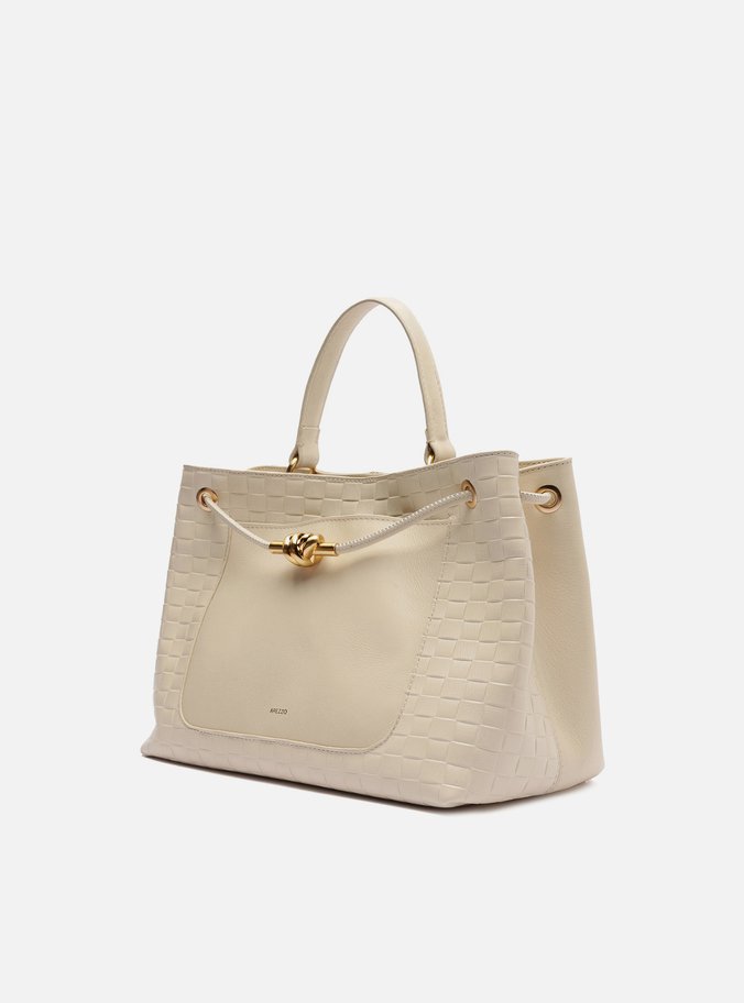 Bolsa Tote Branca Couro Tressê Grande Nó Metal