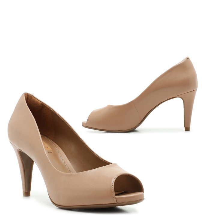 Scarpin Bege Couro Peep Toe  Salto Médio