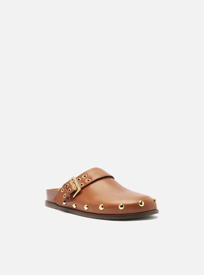 Clog Sabot Marrom Couro Rasteira Fivela