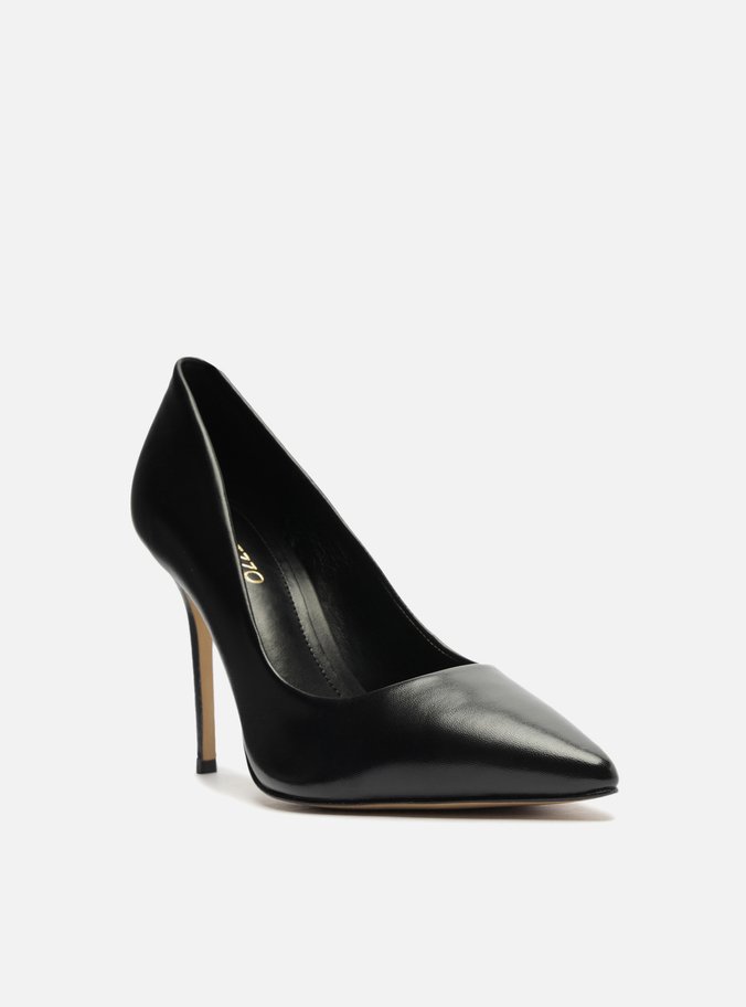 Scarpin Preto Couro Salto Alto Bico Fino