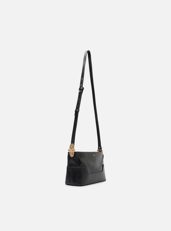 Bolsa Tiracolo Preta Couro Natural Pequena Metais