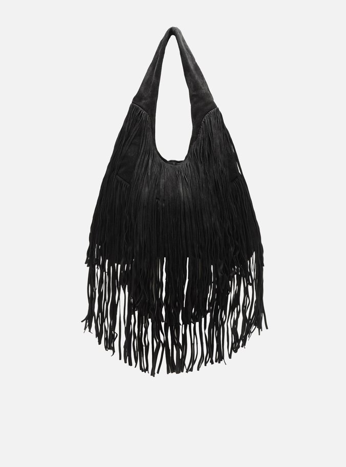 Bolsa Hobo Preta Suede Grande Franjas TIG