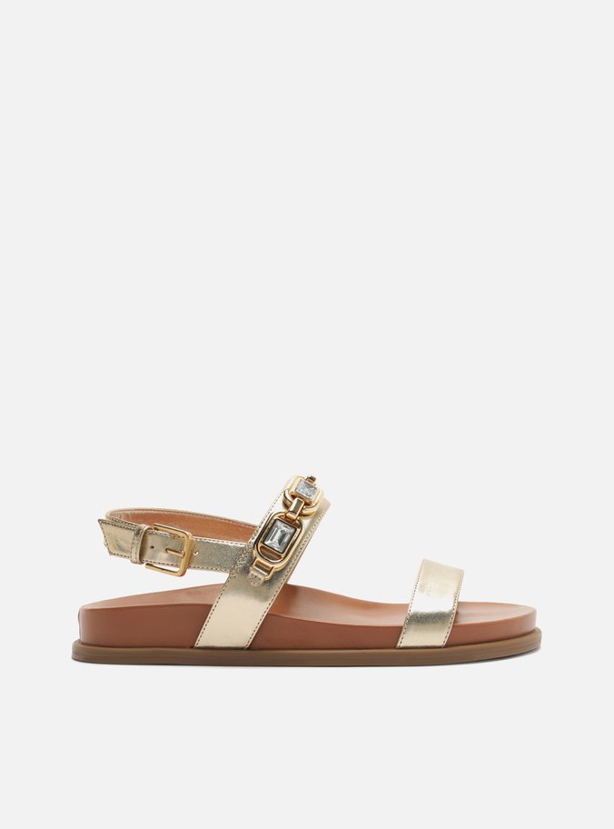 Sandália Papete Dourada Couro Flatform Pedraria