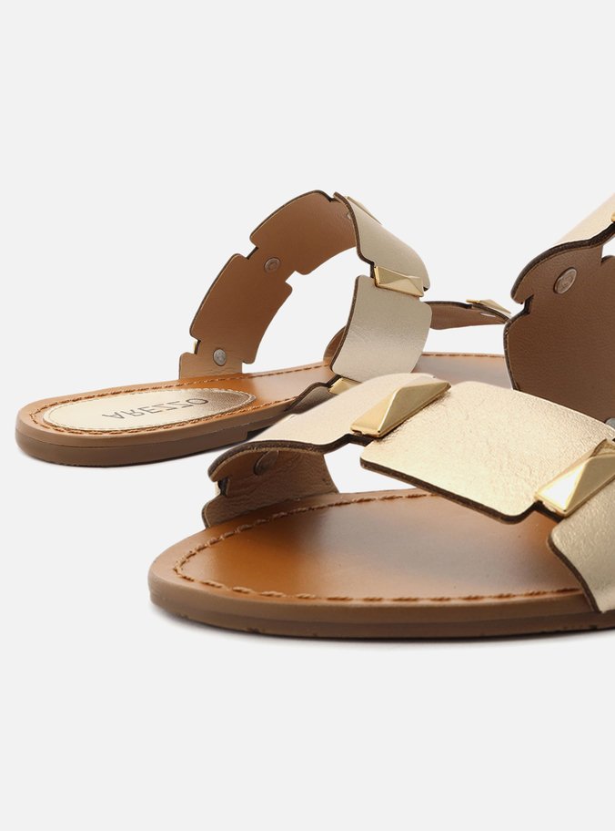 Rasteira Dourada Couro Flat Platino