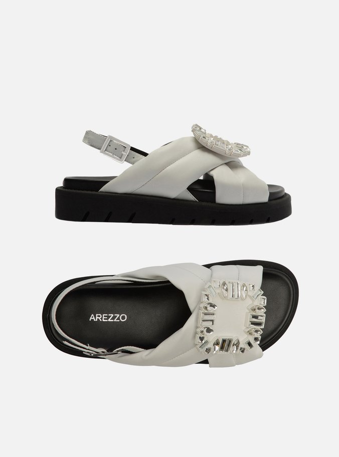 Sandália Papete Branca Couro Flatform Pedraria