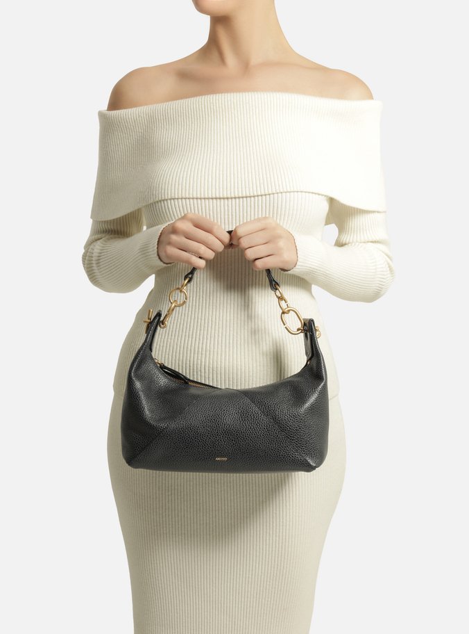 Bolsa Shoulder Preta Couro Média Recortes