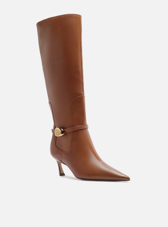 Bota Marrom Couro Salto Baixo Cano Longo Metal