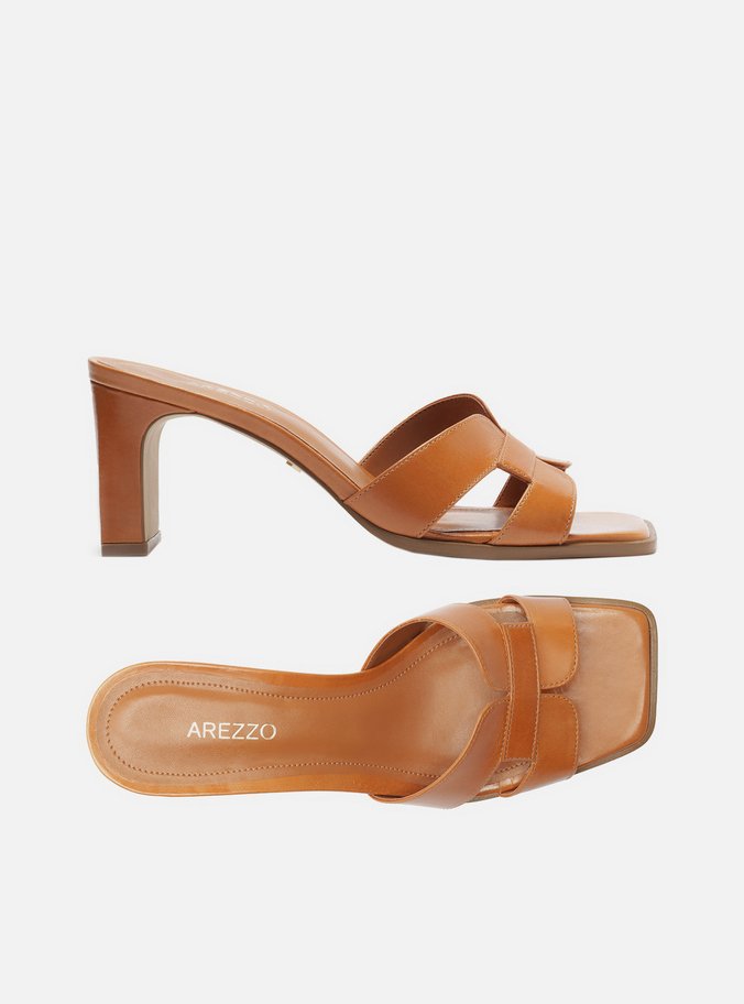 Mule Marrom Couro Bloco Bico Quadrado