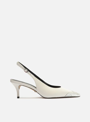 Scarpin Branco Couro Bico Fino Slingback Biqueira