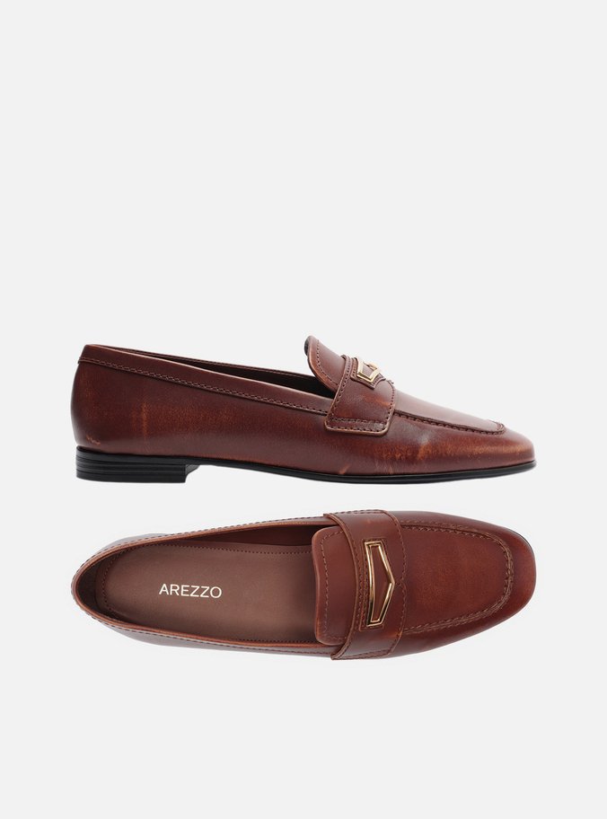 Mocassim Marrom Couro Tira Metal