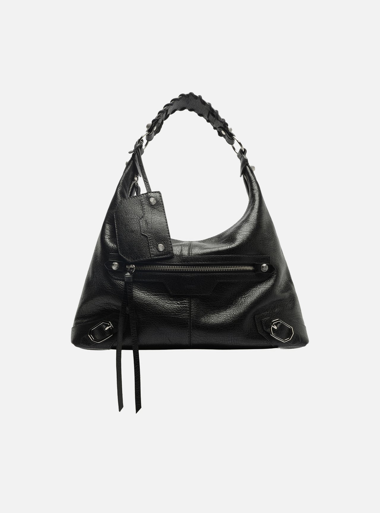 Bolsa Hobo Preta Couro Média Alça Tressê — foto 1