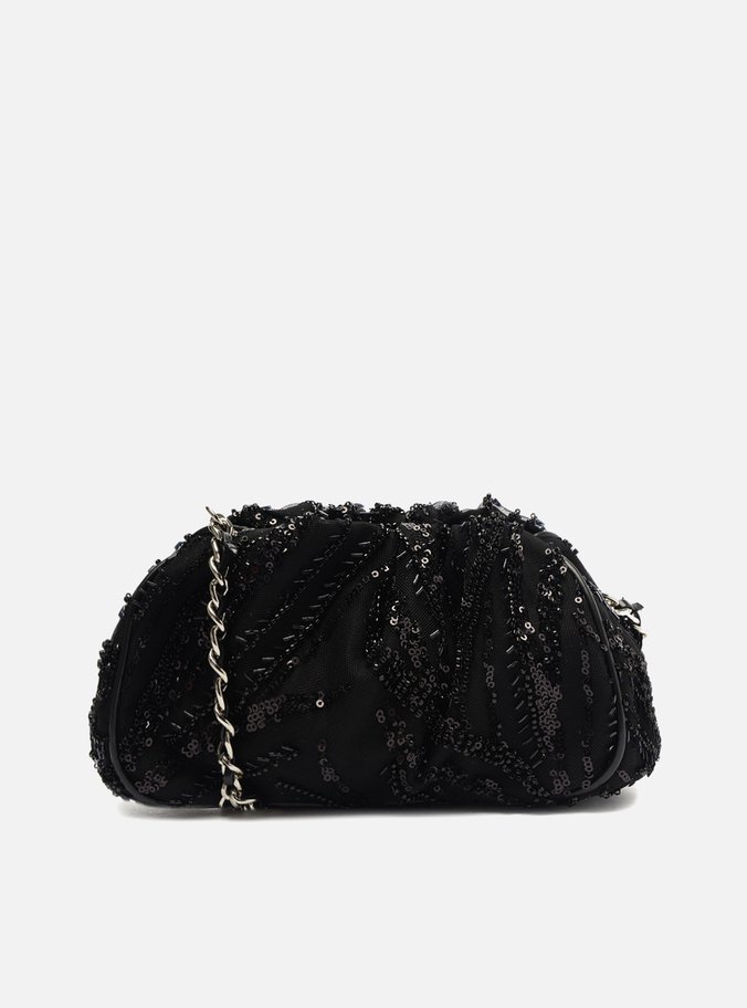 Bolsa Tiracolo Preta Tule Pequena Cristais