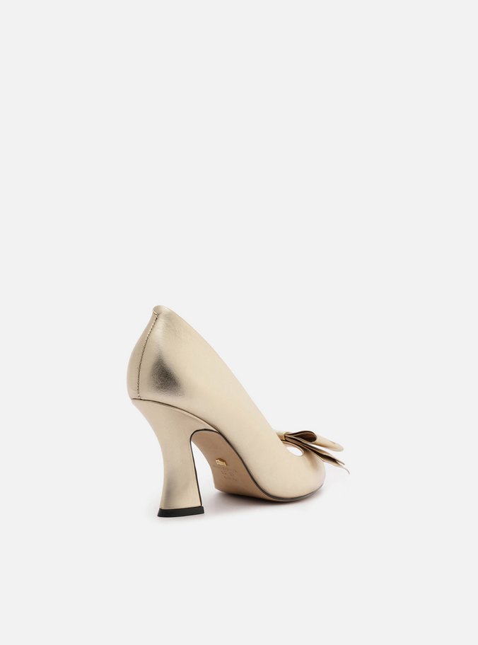 Peep Toe Dourado Couro Salto Médio Laço