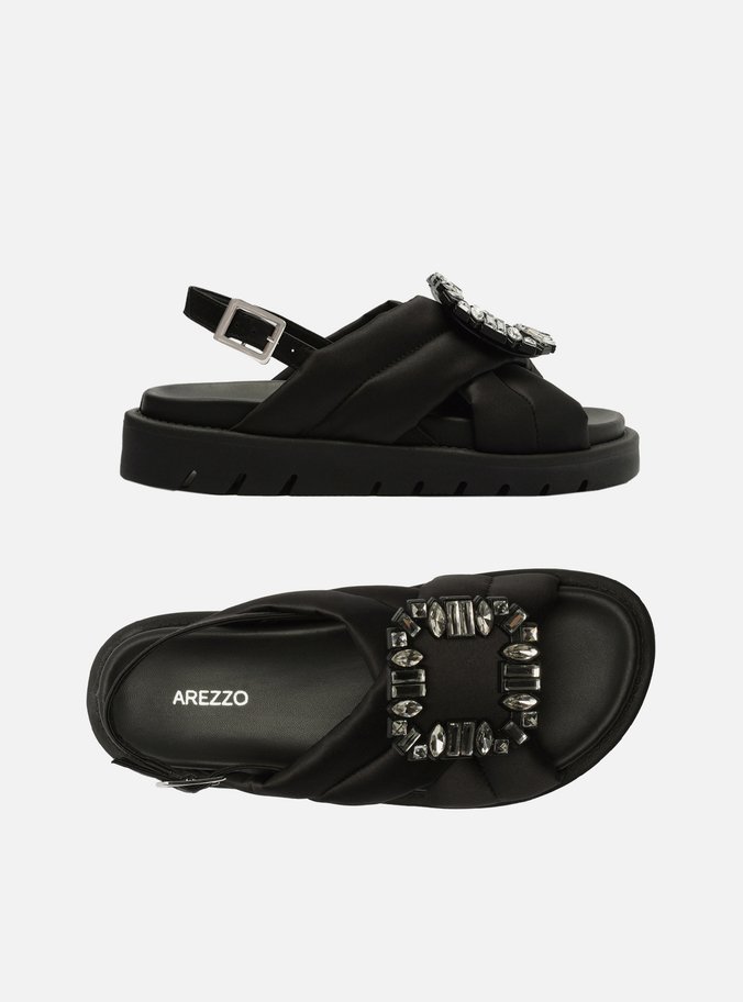 Sandália Papete Preta Cetim Flatform Pedraria
