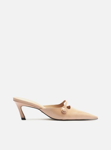 Mule Nude Couro Bico Fino Botão