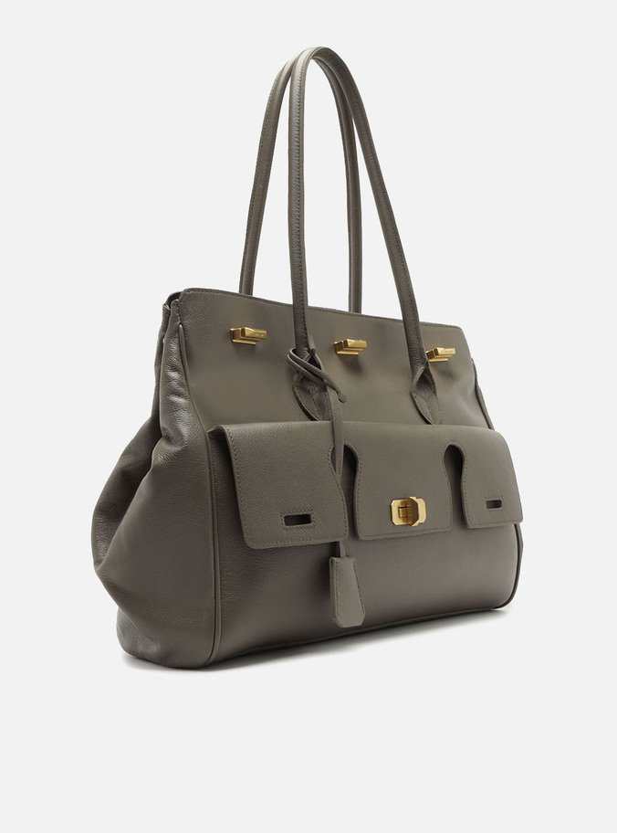 Bolsa Shopping Cinza Couro Grande Bolso Recortes