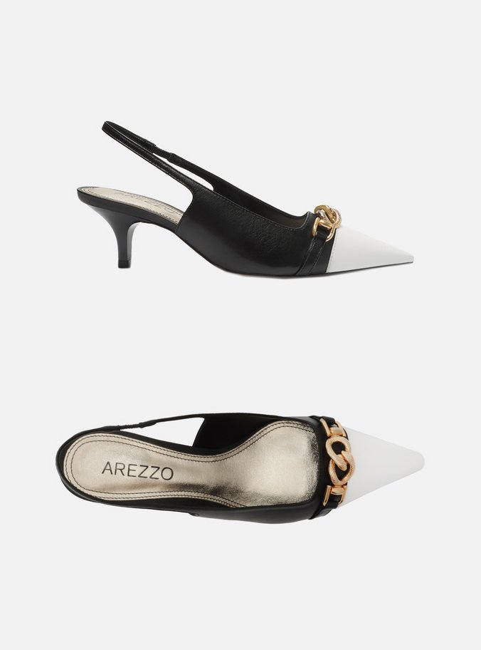 Scarpin Preto Couro Bico Fino Slingback Branco