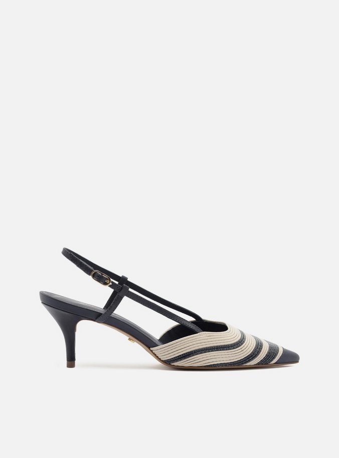 Scarpin Azul Couro Salto Baixo Slingback Bicolor