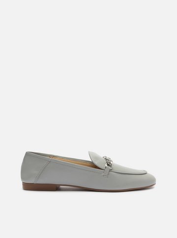 Arezzo — Mocassim Cinza Couro Metal Geométrico