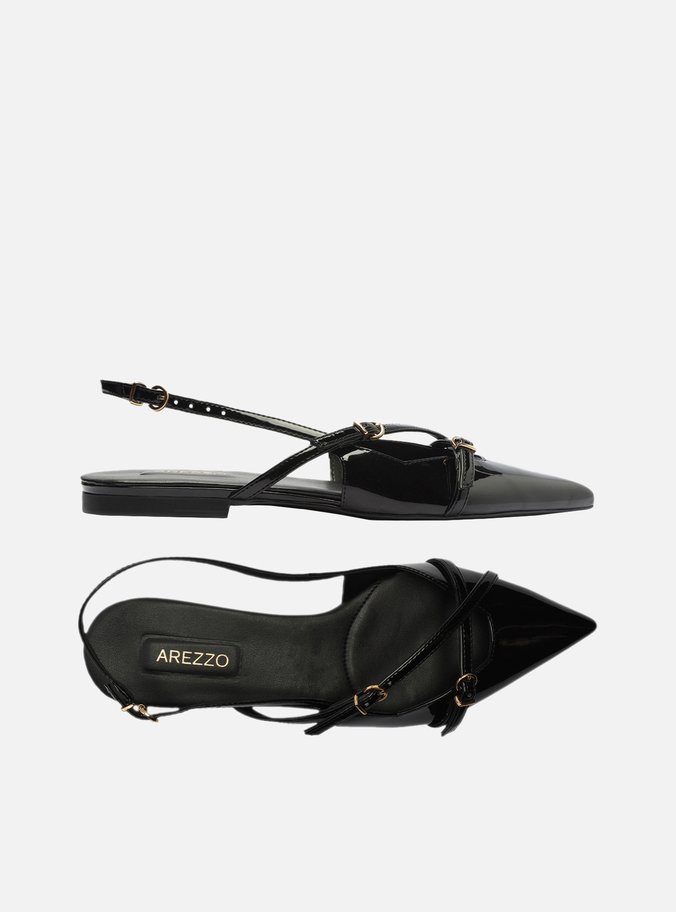 Sapatilha Preta Verniz Slingback Tiras Fivelas
