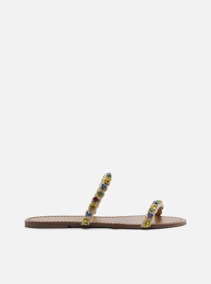 Sandália Rasteira Bege Tiras Pedrarias Coloridas