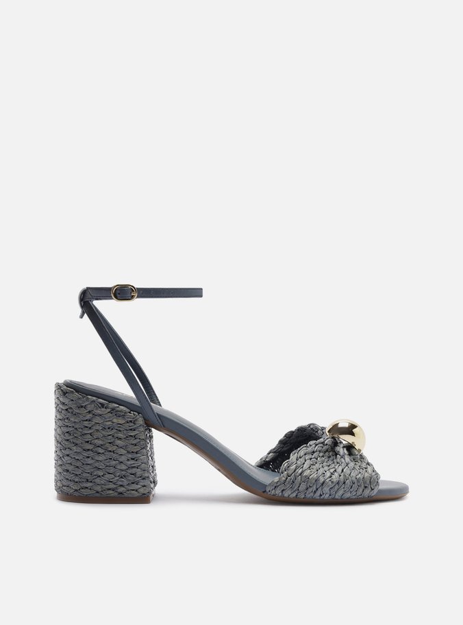 Sandália Azul Salto Médio Bloco Tramado Metal