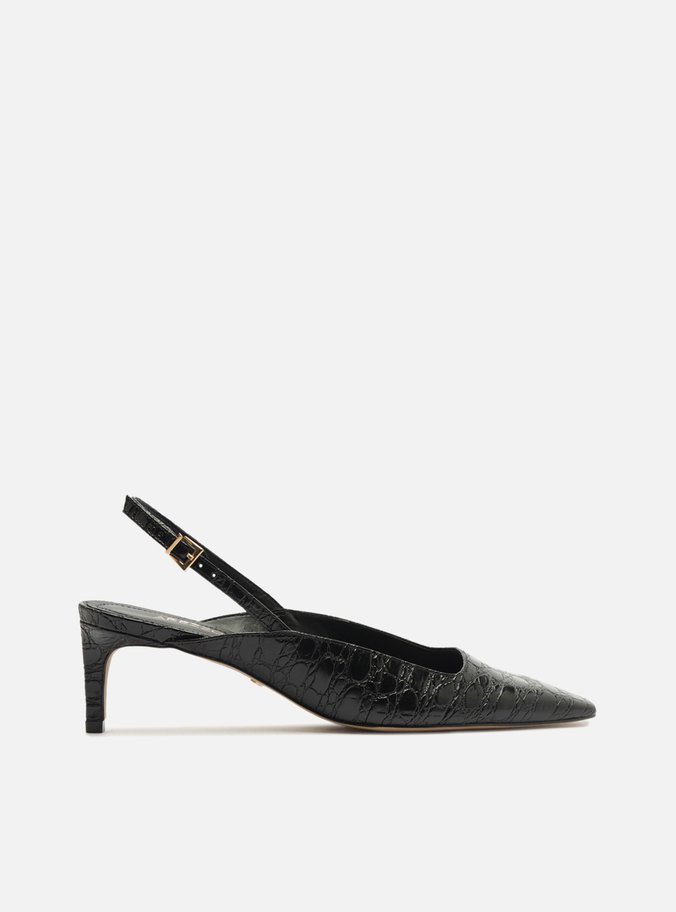 Scarpin Marrom Croco Salto Baixo Slingback