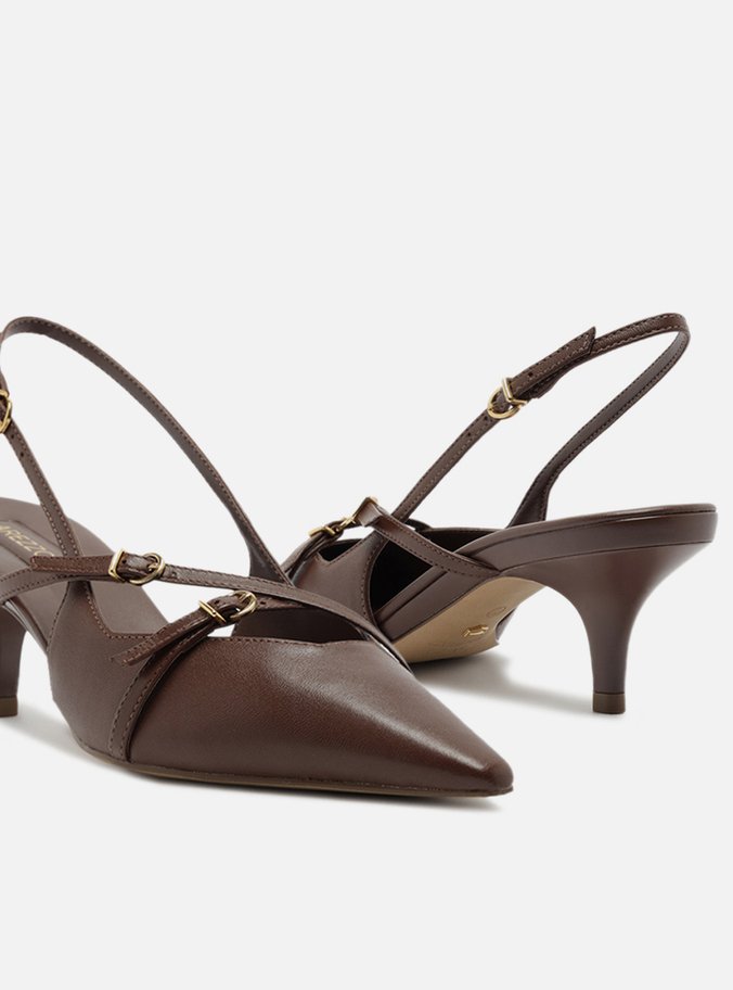Scarpin Marrom Couro Salto Médio Slingback Amélia
