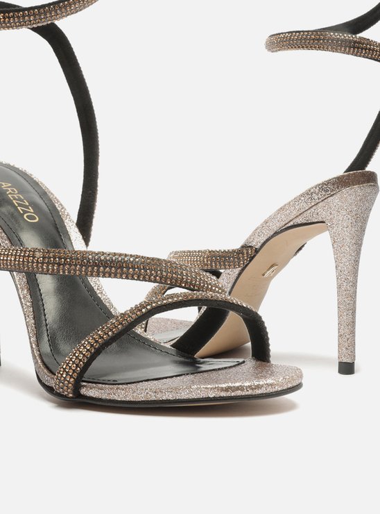 Sandália Dourada Salto Fino Espiral Glitter Strass Gigi