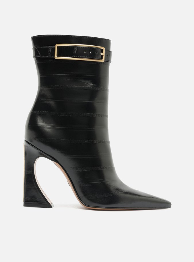 Bota Preta Couro Cano Médio Salto Flare Fivela