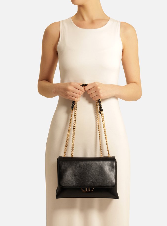 Bolsa Tiracolo Preta Couro Grande Metal