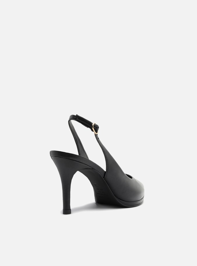 Scarpin Preto Couro Salto Alto Slingback