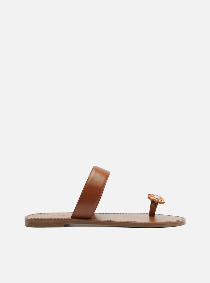 Sandália Rasteira Marrom Couro Dedeira Pedraria