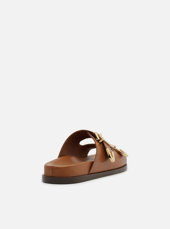 Papete Marrom Caramel Couro Tiras Metais Fivela