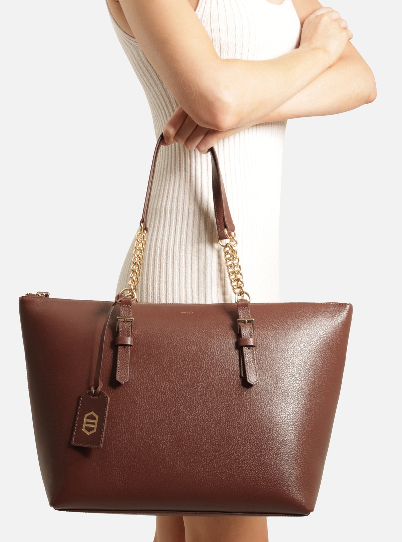 Bolsa Shopping Marrom Couro Grande Corrente