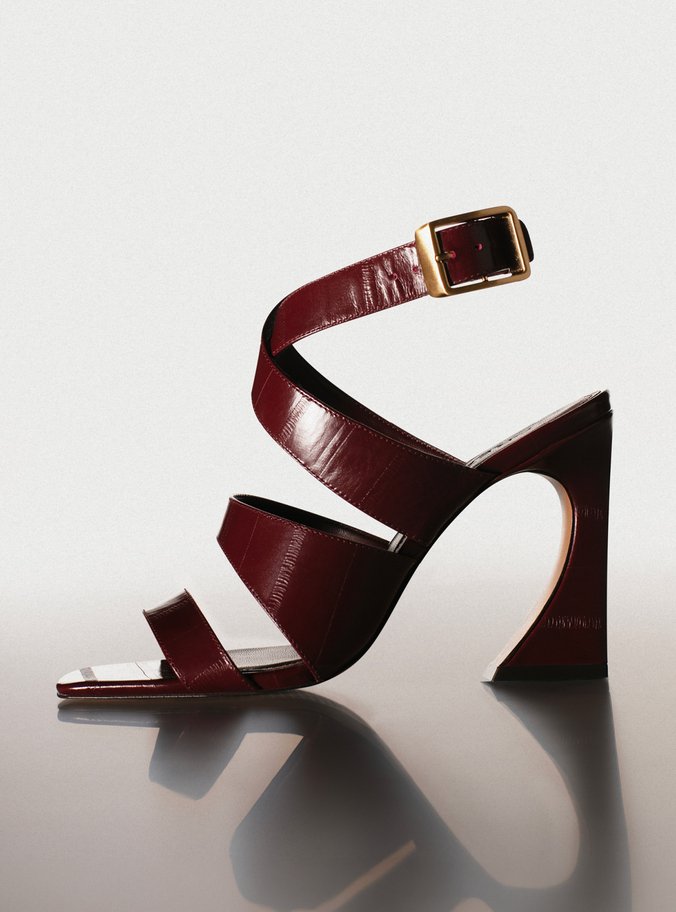 Sandália Bordô Couro Salto Alto Geométrico Flare