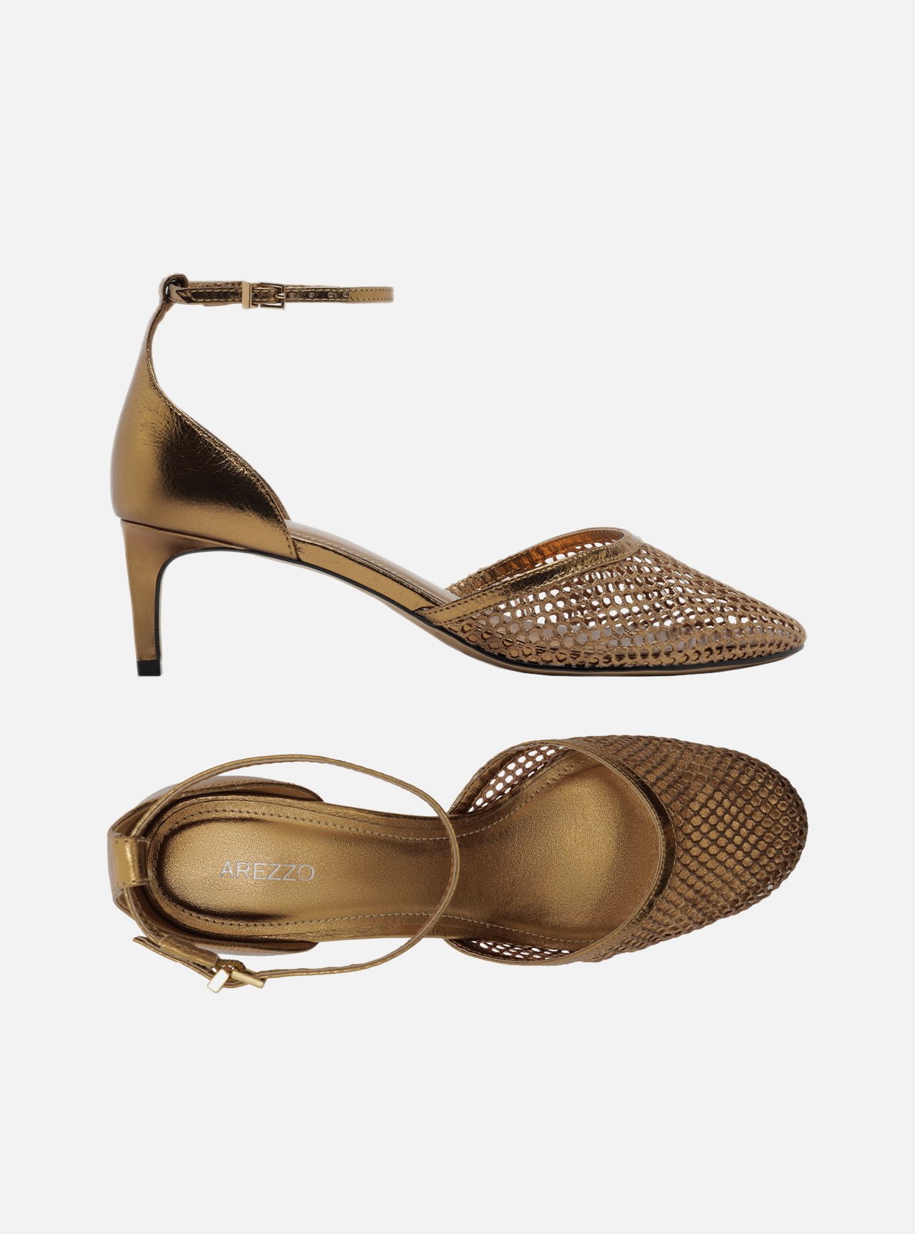 Scarpin Bronze Salto Baixo Fino Aberto Tela — foto 5