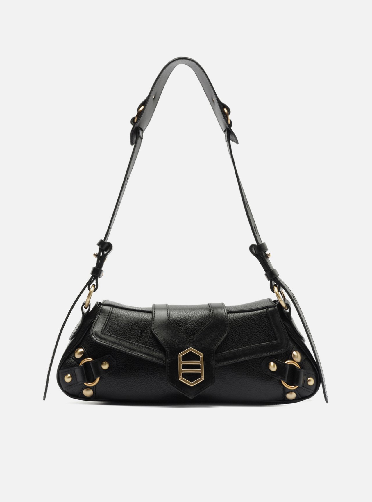 Bolsa Shoulder Preta Couro Grande Alongada Metais — foto 1