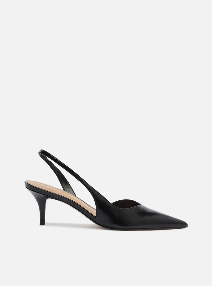 Scarpin Preto Couro Salto Fino Slingback