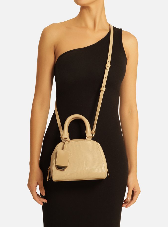 Bolsa Bowling Bege Couro Textura Pequena