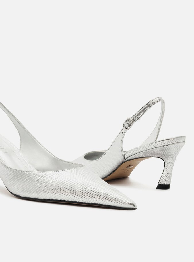 Scarpin Prata Couro Salto Baixo Slingback Esther
