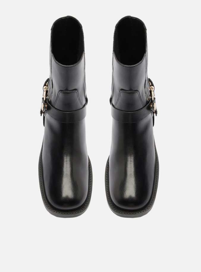 Bota Preta Couro Cano Curto Bloco Metal Biker