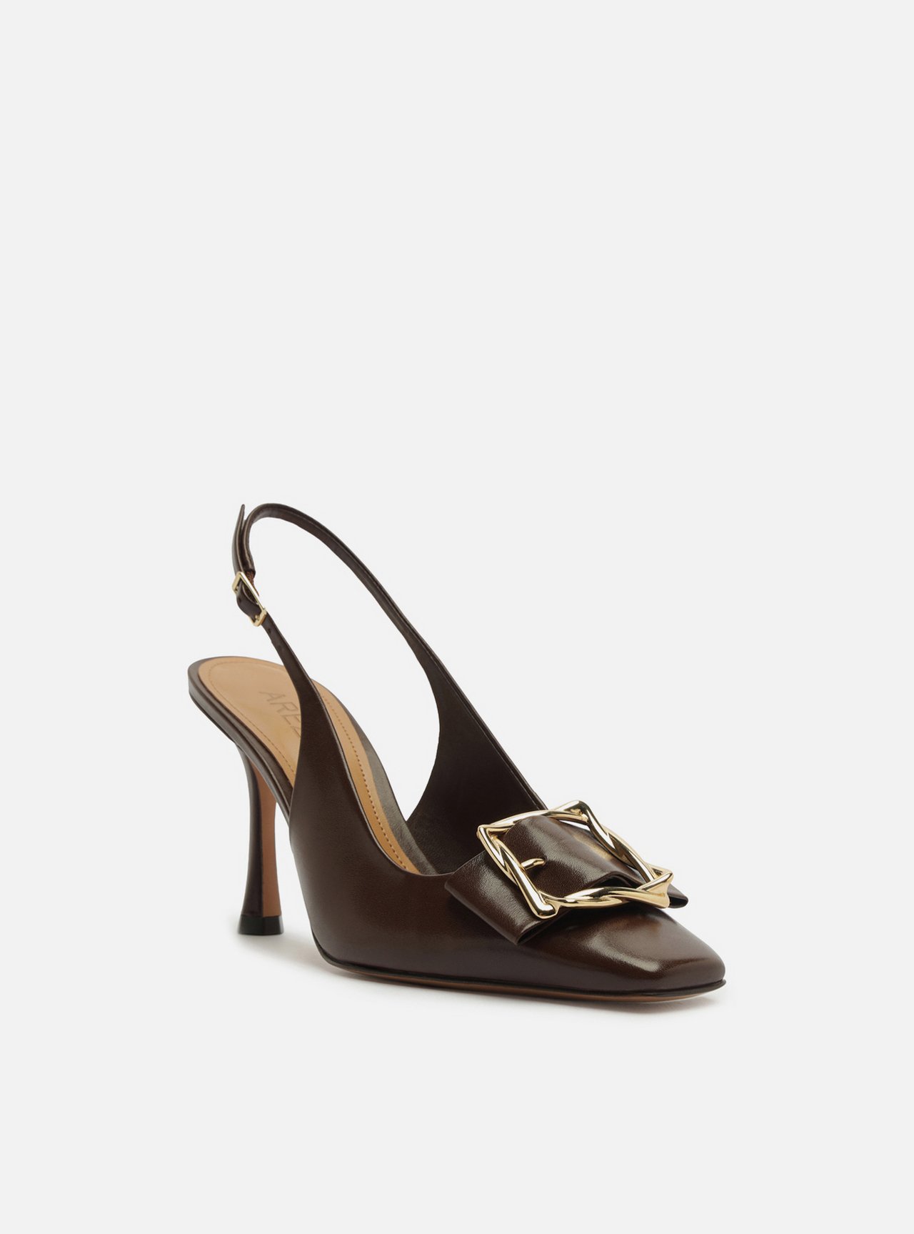 Scarpin Marrom Couro Slingback Salto Alto Fivela — foto 2