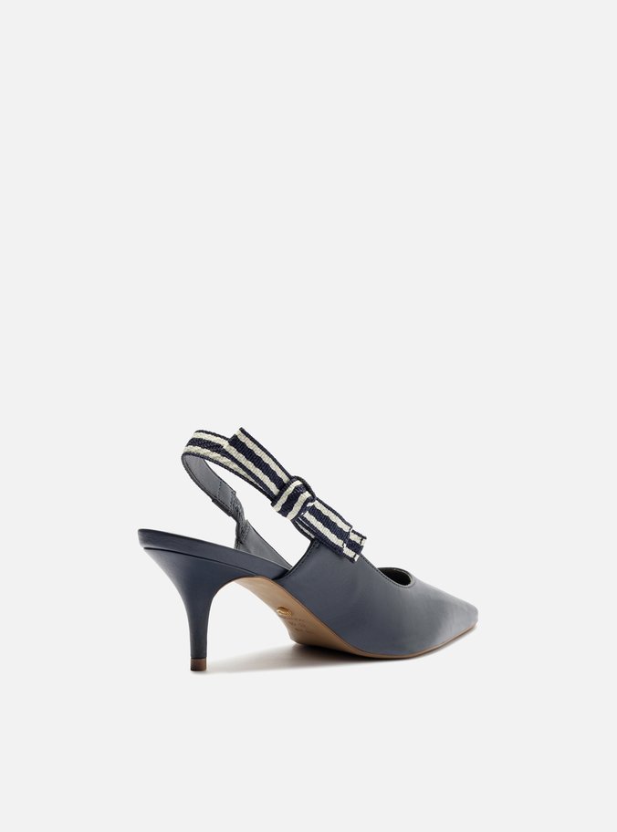 Scarpin Azul Couro Salto Baixo Slingback Laço