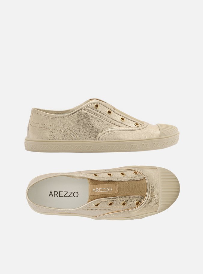 Tênis Slip On Dourado Couro Sola Baixa Elástico