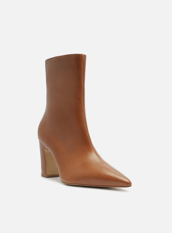 Bota Caramelo Couro Cano Médio Bico Fino Zíper